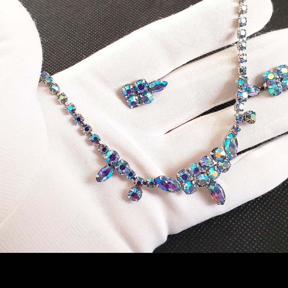 1960–JAY FLEX VINTAGE STERLING SILVER NECKLACE AND EAR RINGS WITH AB BLUE  CRYST